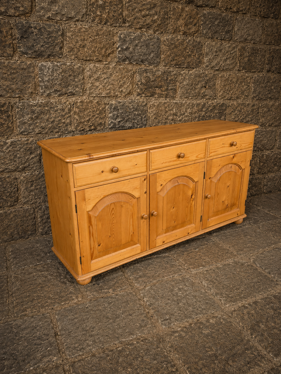 Vintage Rustic Pine Sideboard with Three Drawers & Cupboard Storage