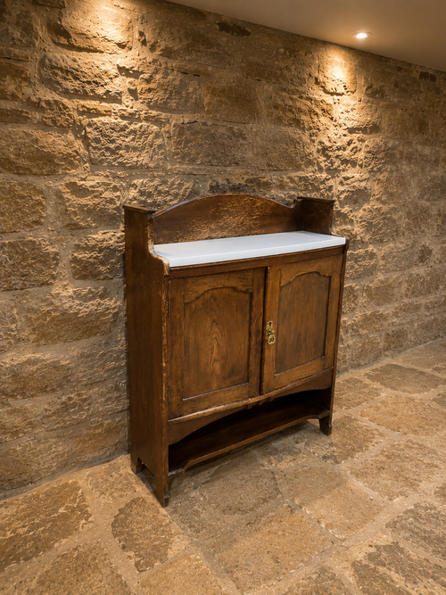 Antique Edwardian Arts & Crafts Oak Washstand | Original Ceramic Top | Hall Cabinet | Bathroom Vanity | Country Cottage Storage Cupboard | Circa 1900–1915
