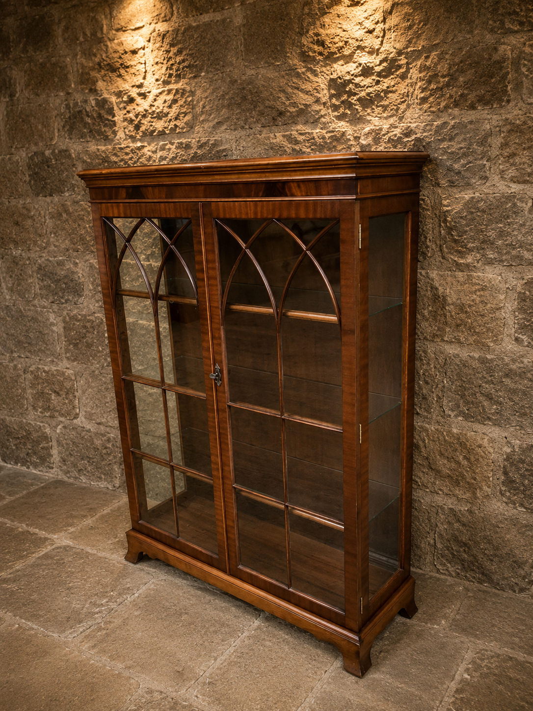 Antique Regency Flame Mahogany Glazed Bookcase Display Cabinet with Gothic Astragal Doors | c.1825–1845