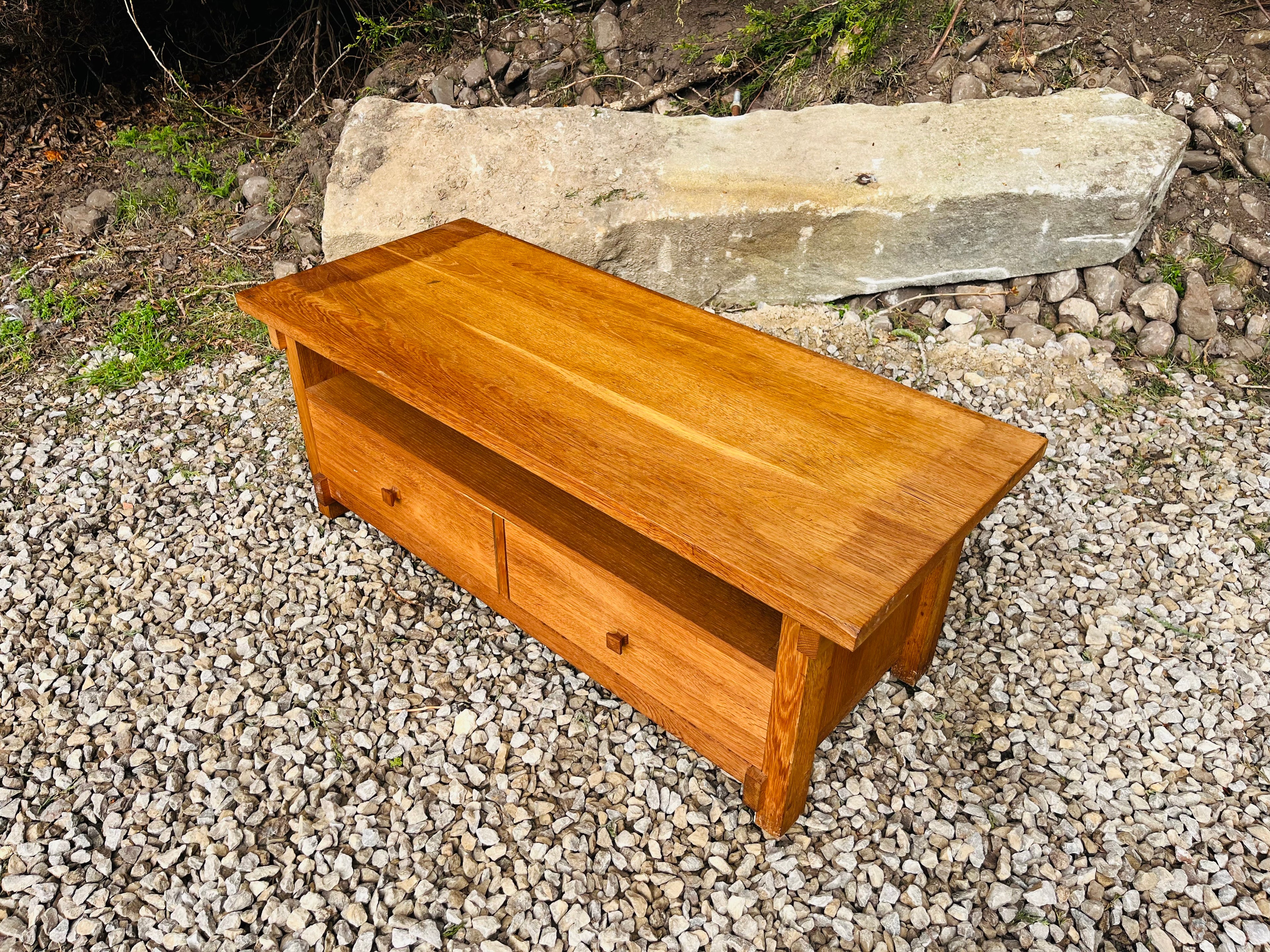 Solid Oak TV Unit / Coffee Table – Rustic Farmhouse Media Console with Storage