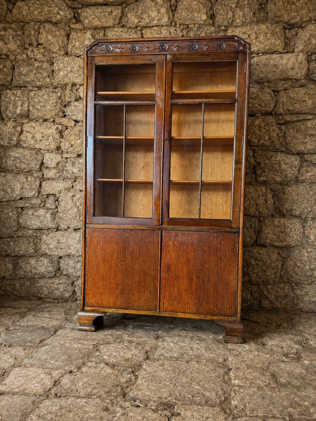 1930s Oak Glazed Bookcase | Vintage Display Cabinet with Carved Detail