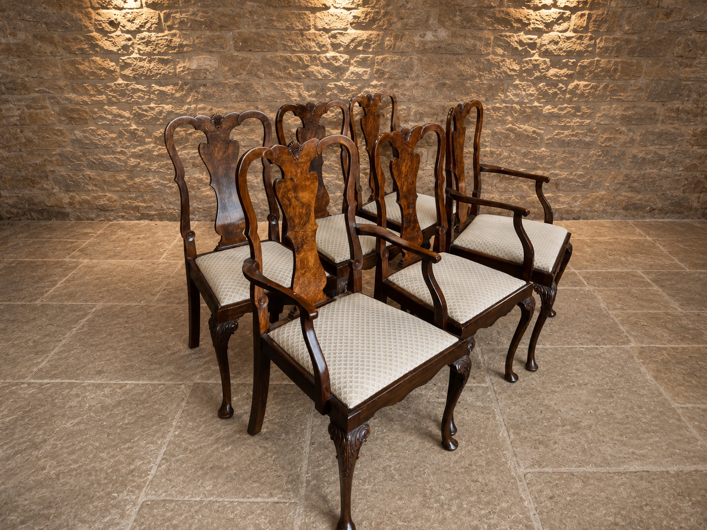 Set of 6 Queen Anne Style Dining Chairs | Mahogany & Burr Walnut Dining Chairs | Vintage English Dining Suite | 4 Chairs & 2 Carvers