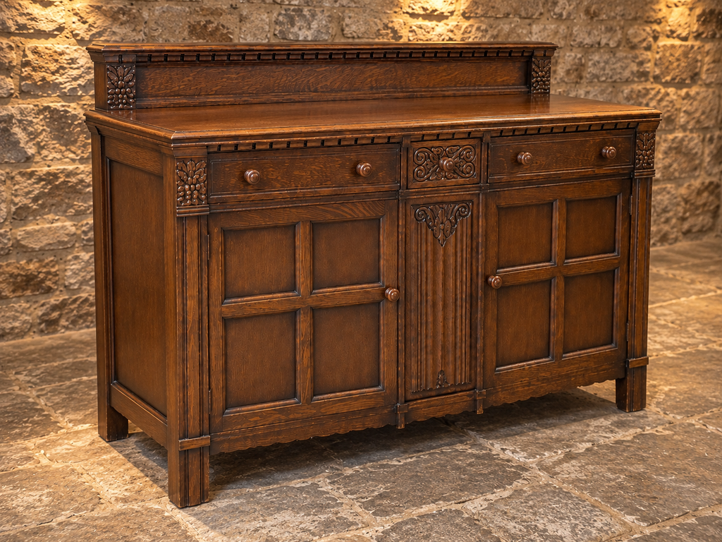 Vintage Carved Oak Sideboard – Traditional Dark Oak Two Door Storage Cabinet