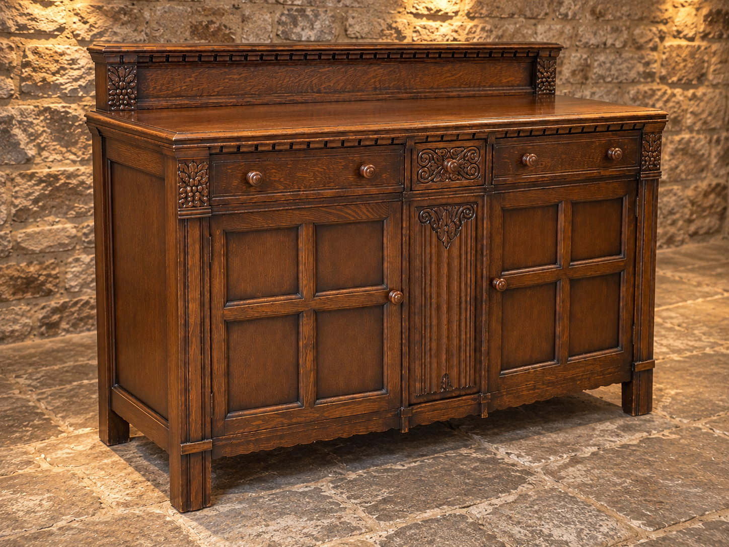 Vintage Carved Oak Sideboard – Traditional Dark Oak Two Door Storage Cabinet