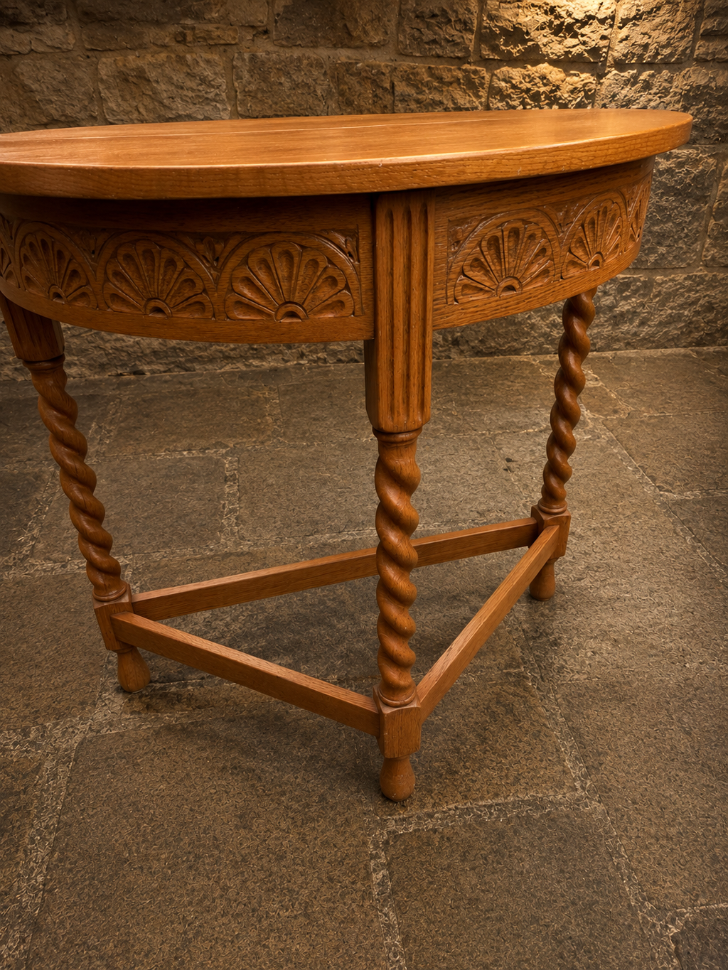 Antique 1930s Carved Solid Oak Demi-Lune Console Table