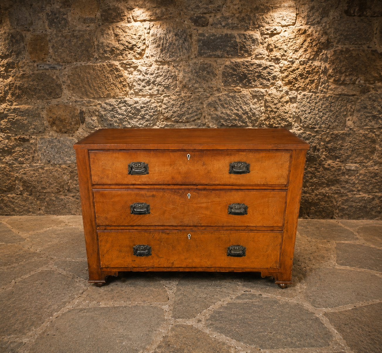 Antique Victorian Figured Wood Chest of Drawers – Circa 1900 – Three Drawer Country House Chest