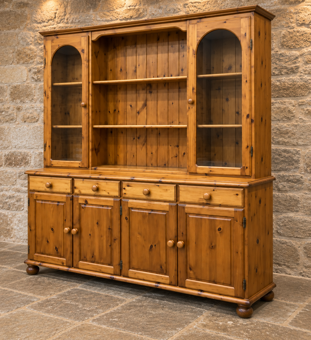 Vintage pine farmhouse dresser with glazed cupboards