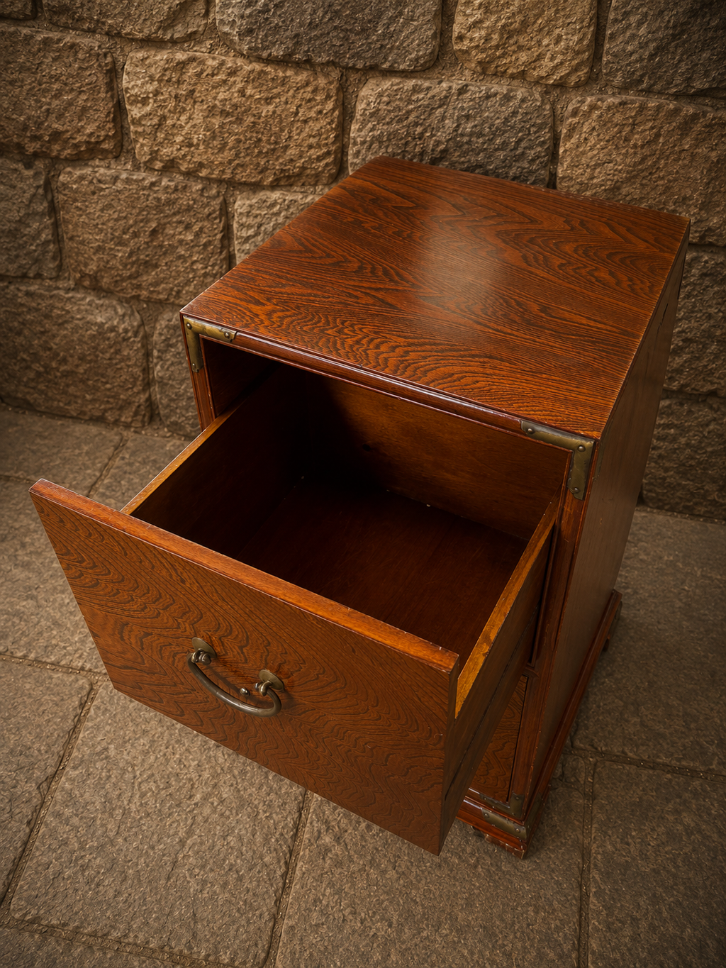 Vintage Elm Campaign Style Bedside Cabinet with Brass Mounts