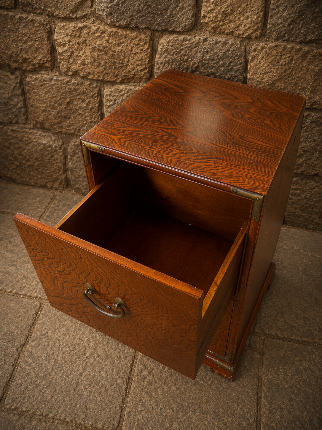 Vintage Elm Campaign Style Bedside Cabinet with Brass Mounts