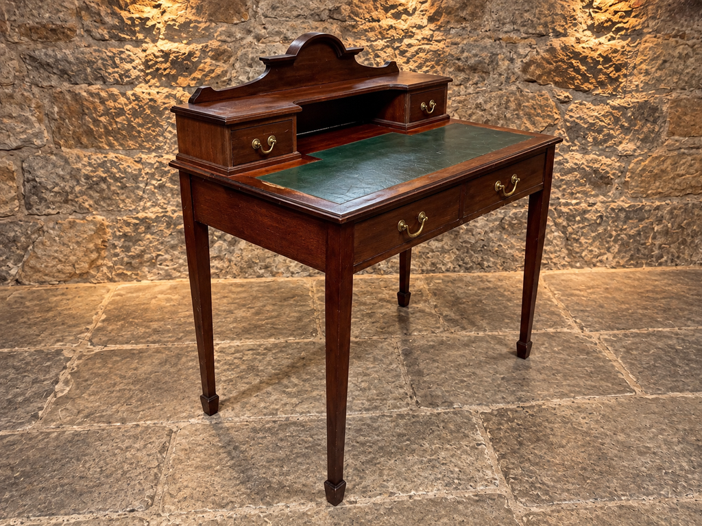Antique Edwardian Mahogany Writing Desk c.1900 – Green Leather Top & Raised Gallery