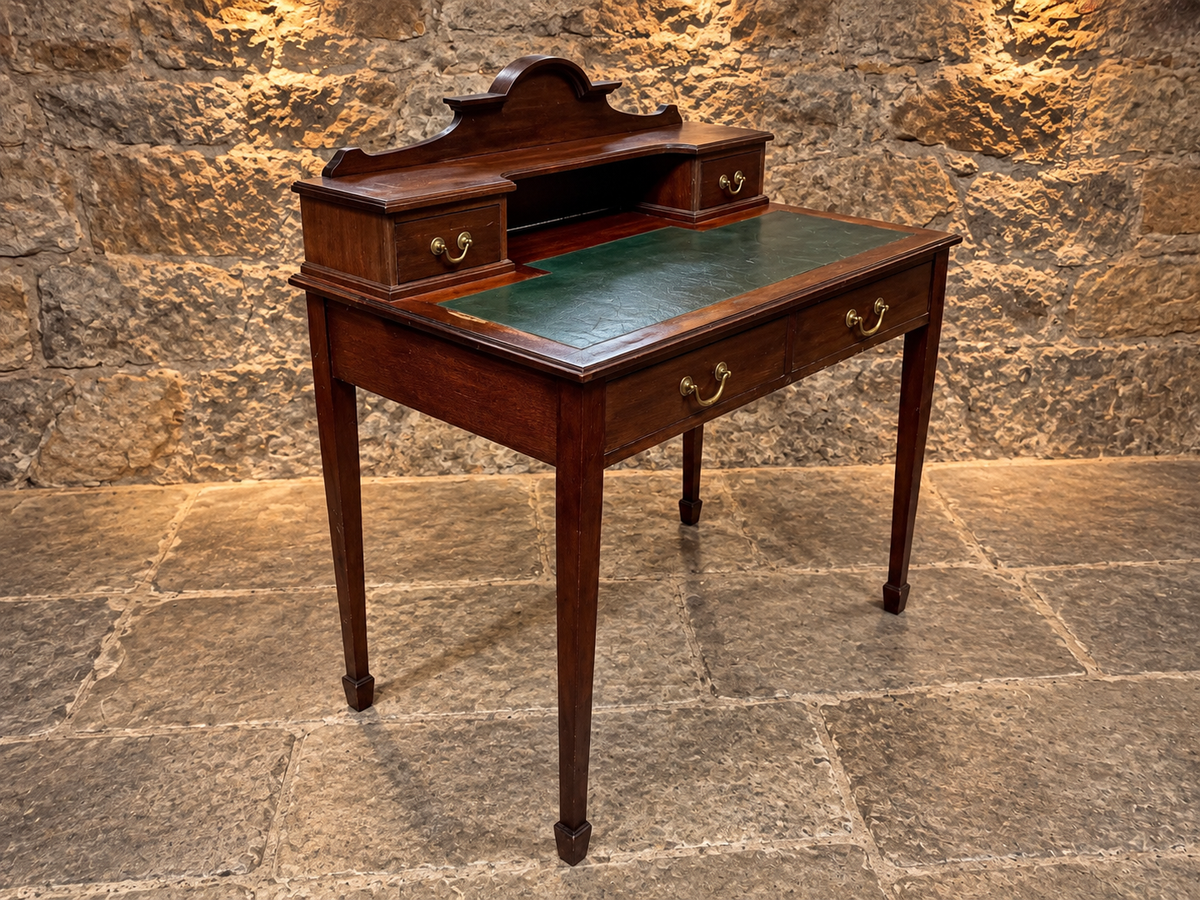 Antique Edwardian Mahogany Writing Desk c.1900 – Green Leather Top & Raised Gallery