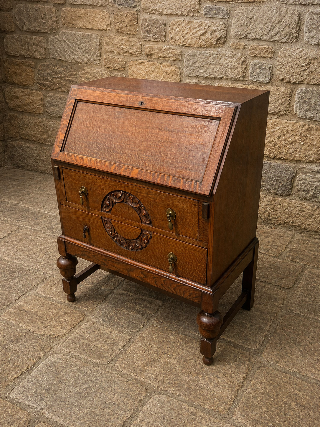 Antique Oak Arts & Crafts Bureau Desk c.1920–1935 | Jacobean Revival Fall Front Writing Desk
