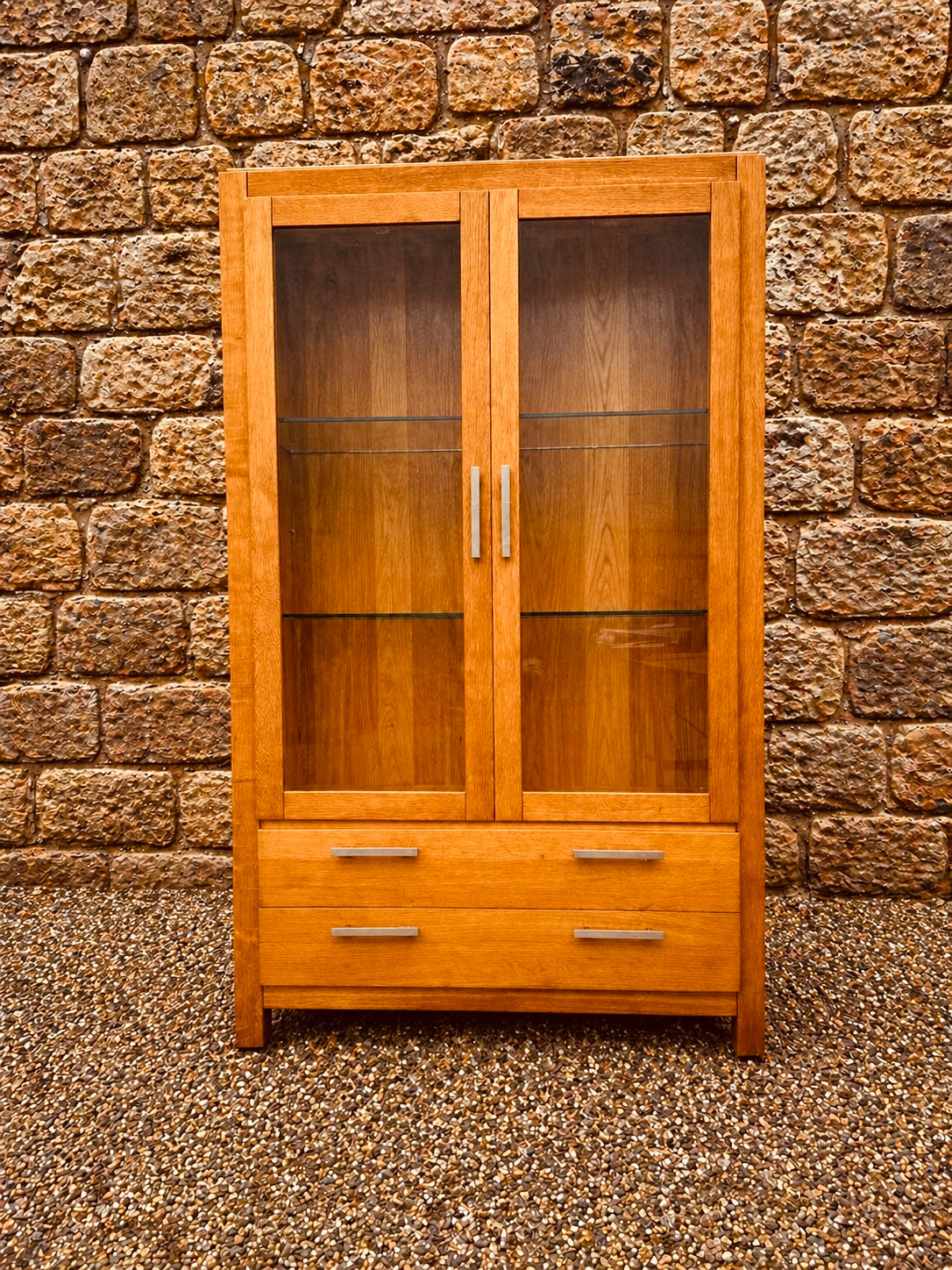 Modern Solid Oak Display Cabinet with Glass Doors & Drawers