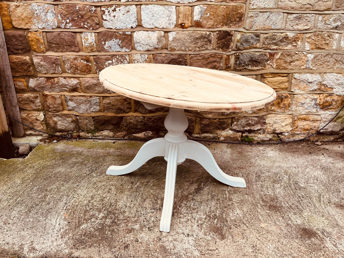 Mid-20th Century Round Solid Wood Pedestal Table | Hand-Painted Base & Natural Top