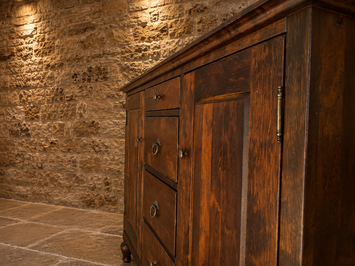 Vintage Rustic Hardwood Sideboard – Four Drawers & Double Cupboard Storage