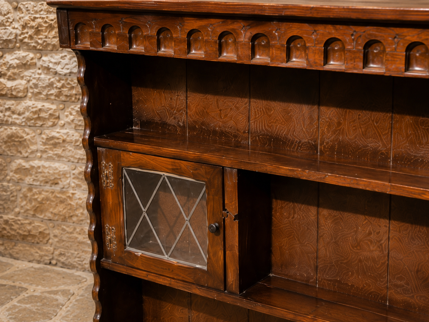 Antique Arts & Crafts Oak Dresser Top Bookcase with Leaded Glass Cupboards | Jacobean Revival Display Cabinet | Circa 1910