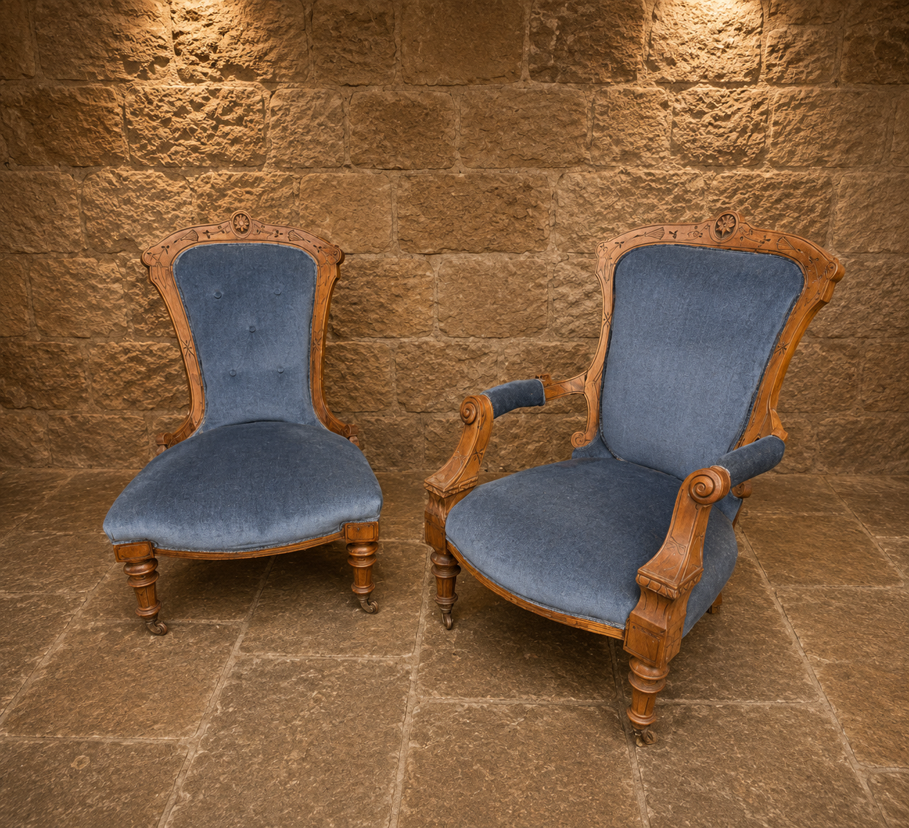 Pair of Victorian Walnut Salon Chairs