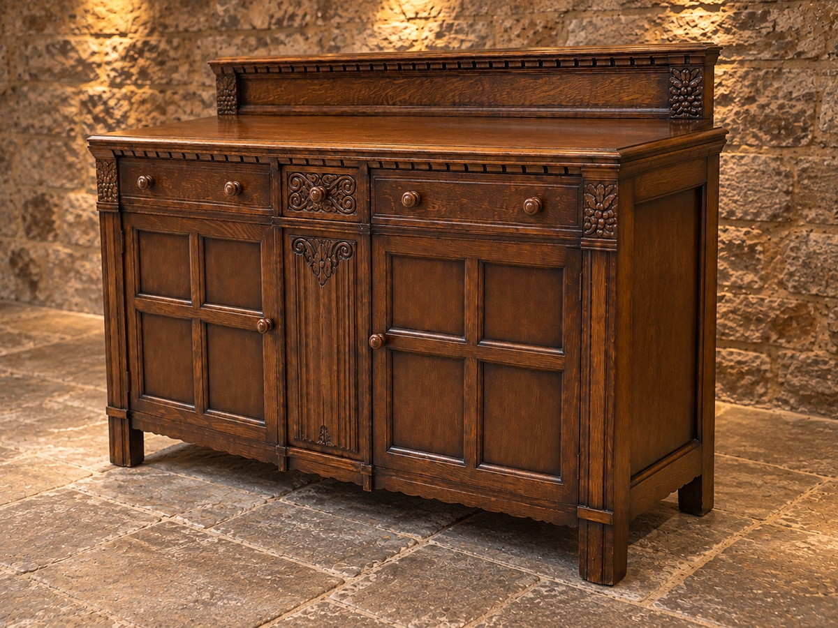 Vintage Carved Oak Sideboard – Traditional Dark Oak Two Door Storage Cabinet