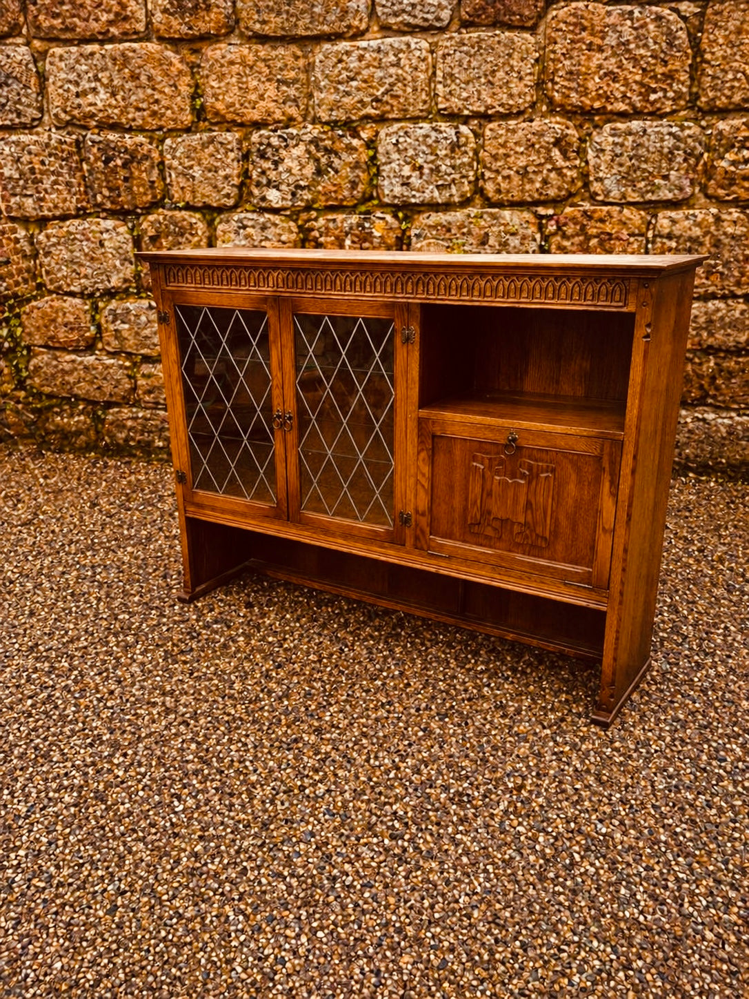 Vintage Oak Drinks Cabinet with Leaded Glass & Carved Detail