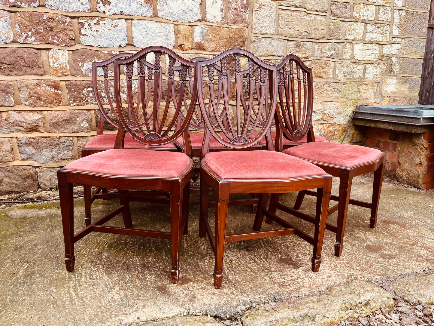 Set of Six Georgian Style Mahogany Shield Back Dining Chairs – Vintage Hepplewhite Style