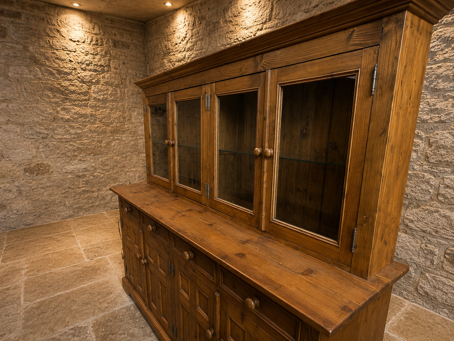 Large Solid Pine Farmhouse Dresser | Rustic Welsh Dresser | Glazed Display Cabinet