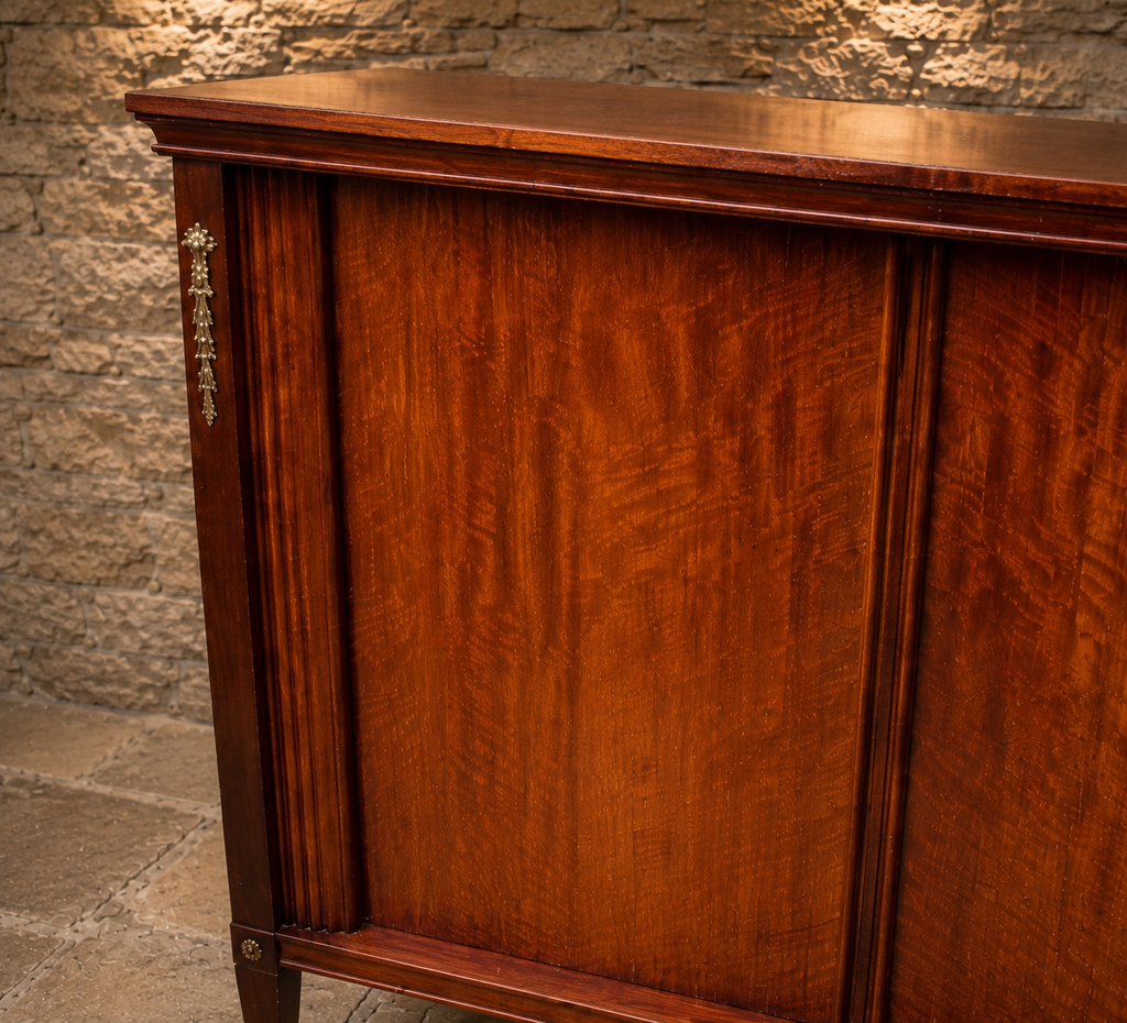 Empire Style Flame Mahogany Display Cabinet | Mirrored Glass Display Cabinet | Classical Mahogany Console Cabinet | Glass Shelved Cabinet