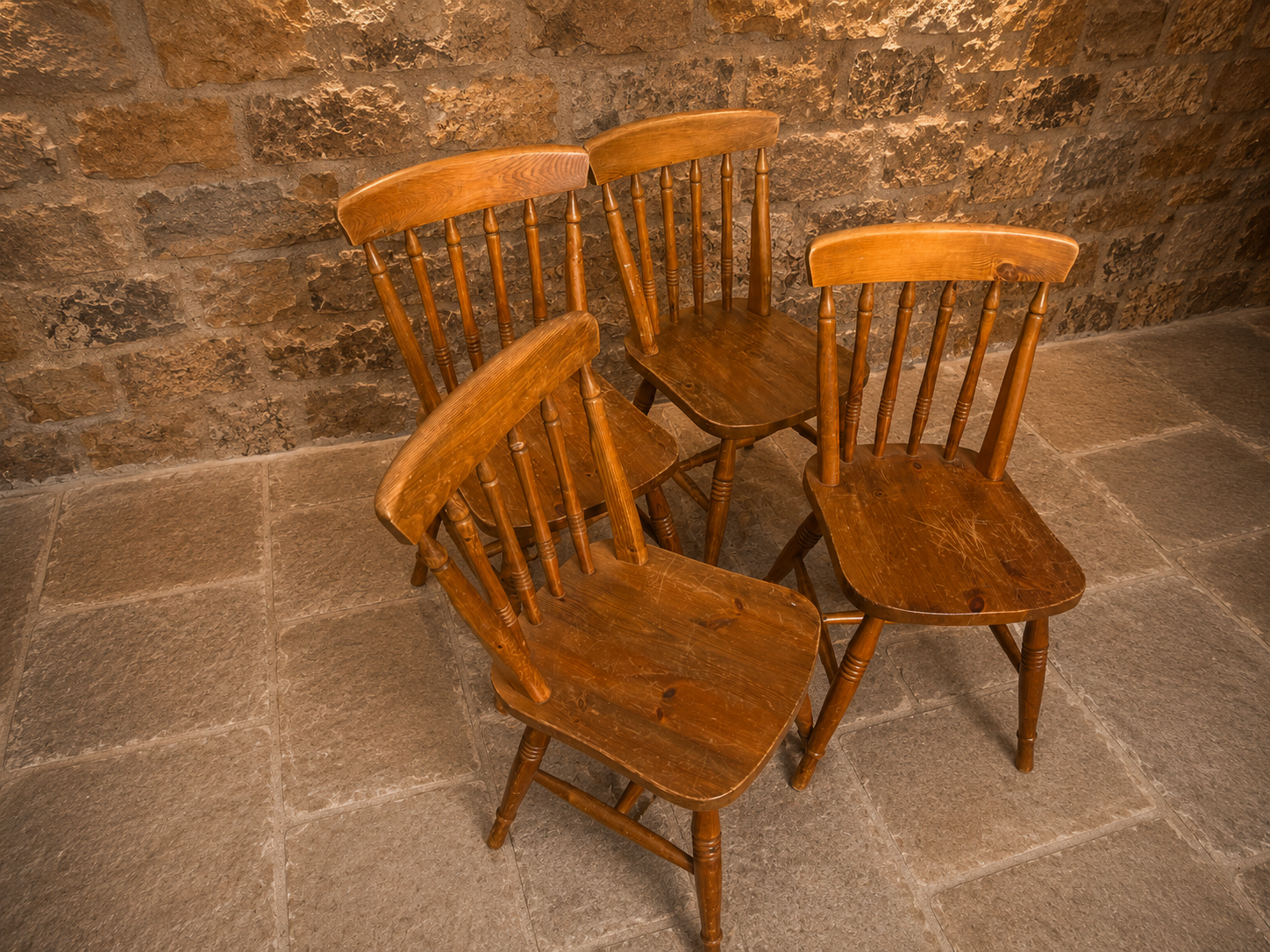 Vintage Set of 4 Windsor Style Wooden Dining Chairs – Rustic Farmhouse Spindle Back Kitchen Chairs