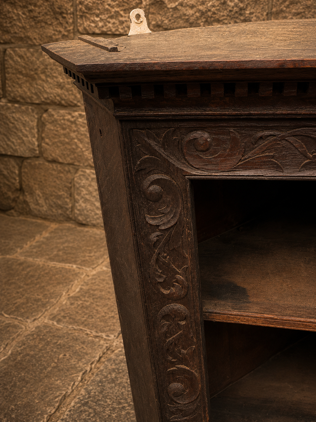 Antique Victorian Carved Solid Oak Corner Cupboard | Gothic Revival Cabinet | Circa 1890