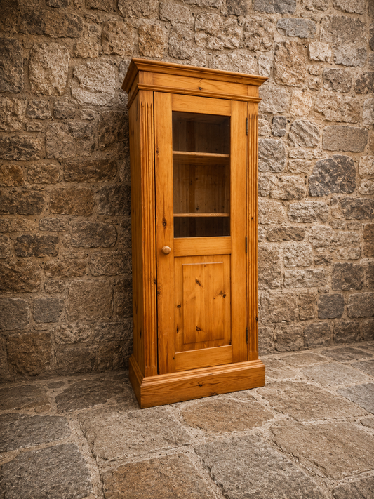 Vintage Pine Display Cabinet | Rustic Farmhouse Glazed Bookcase | Narrow Country Storage Cabinet | Cottage Pine Cupboard