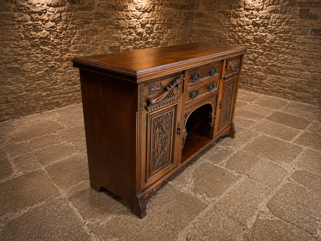 Victorian Carved Oak Sideboard | Antique Gothic Revival Buffet Cabinet | English Circa 1880–1900