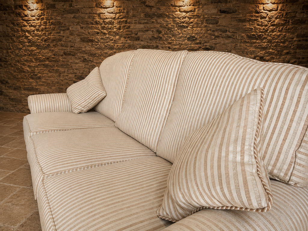 Traditional English Three Seater Sofa in Neutral Striped Upholstery
