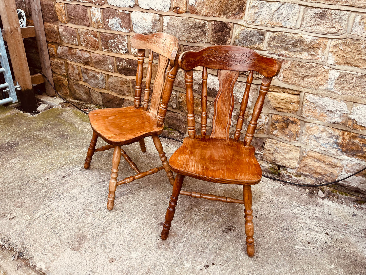 Vintage Farmhouse Solid Wood Kitchen Chairs – Pair of Rustic Country Dining Chairs