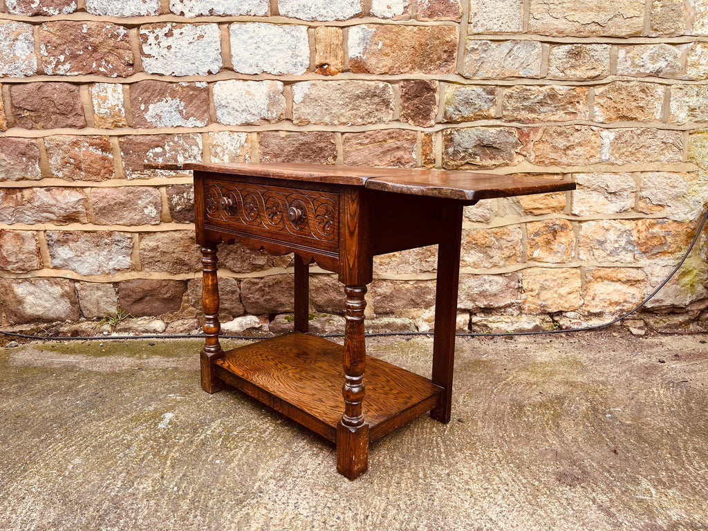 Vintage Solid Oak Drop-Leaf Side Table with Carved Detail & Lower Shelf