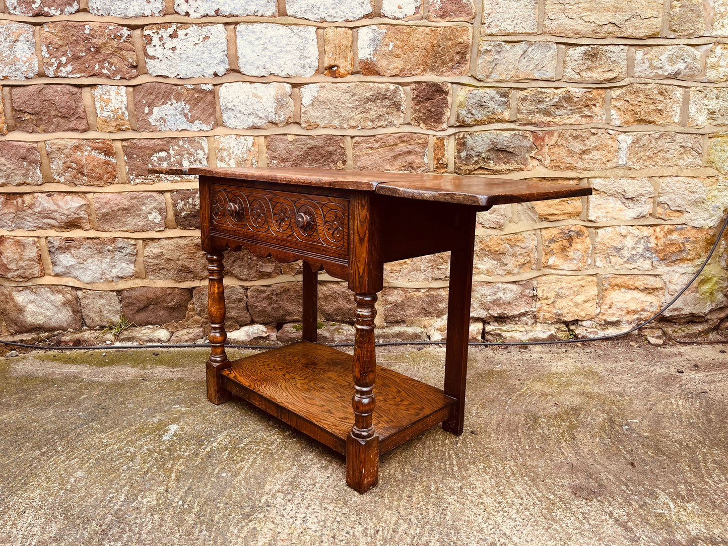 Vintage Solid Oak Drop-Leaf Side Table with Carved Detail & Lower Shelf