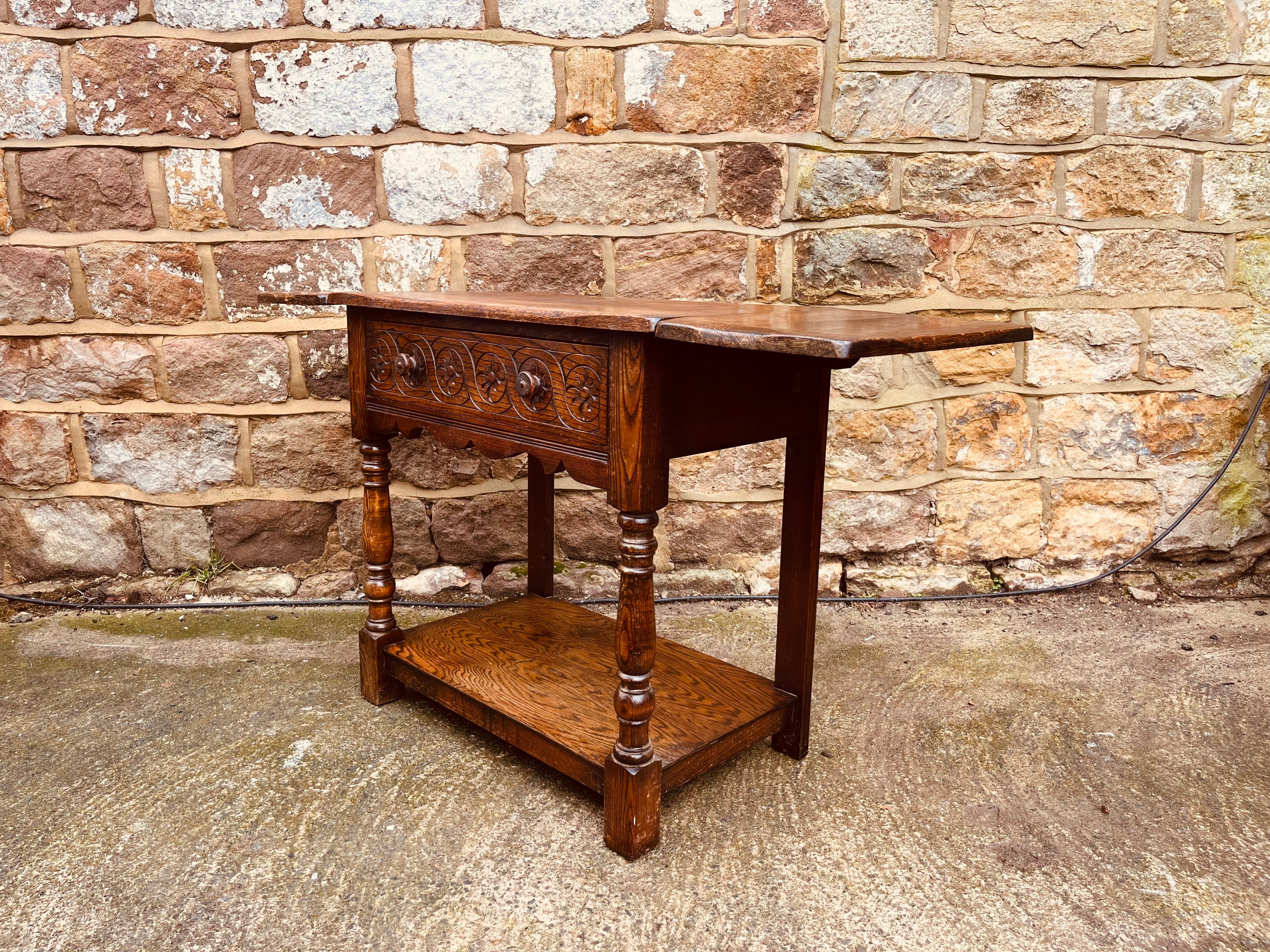 Vintage Solid Oak Drop-Leaf Side Table with Carved Detail & Lower Shelf