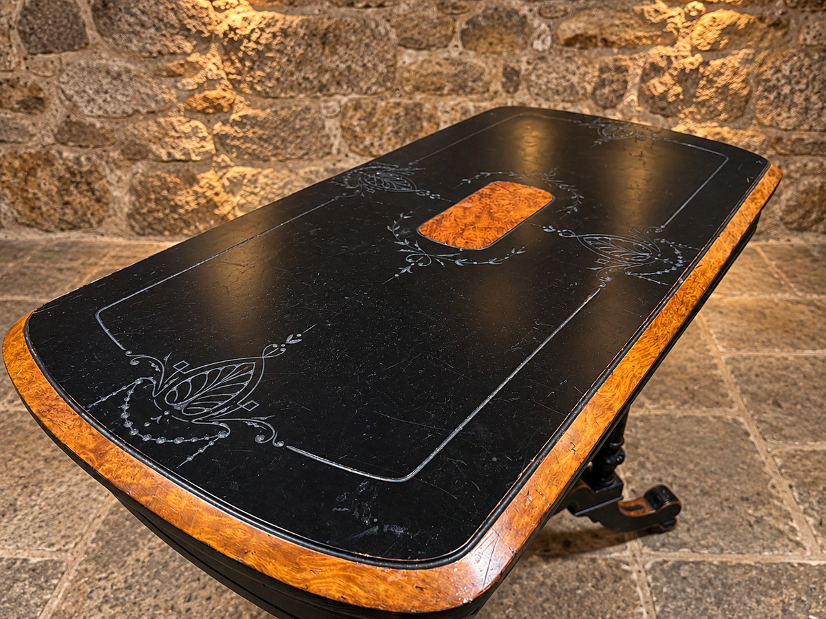 Antique Victorian Ebonised Burr Walnut Fold Over Card & Games Table c.1875