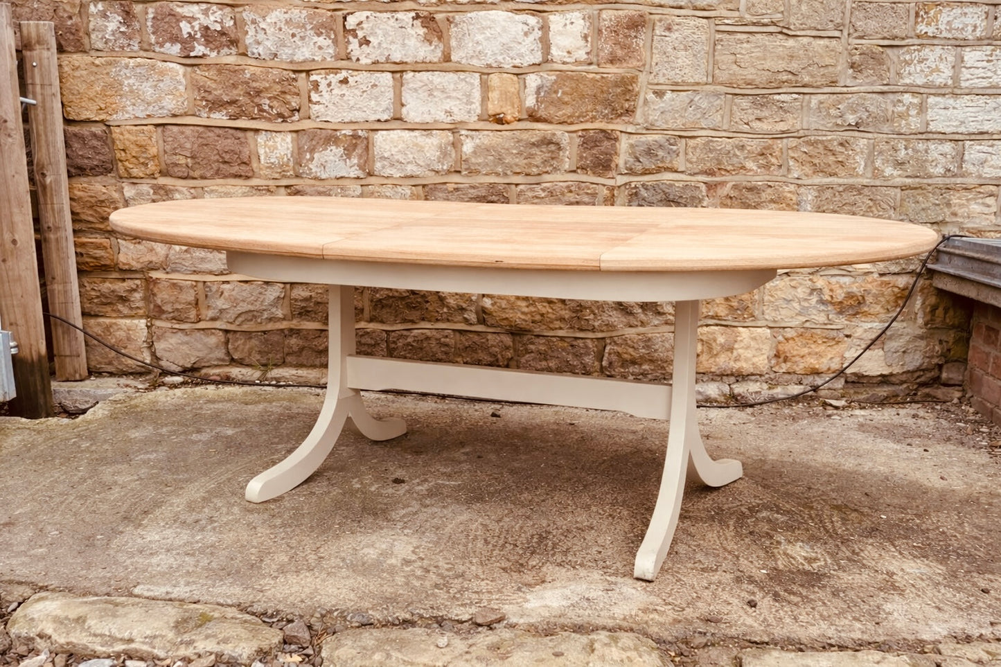 Large Solid Oak Extendable Oval Dining Table with Sanded Natural Top & Painted Base