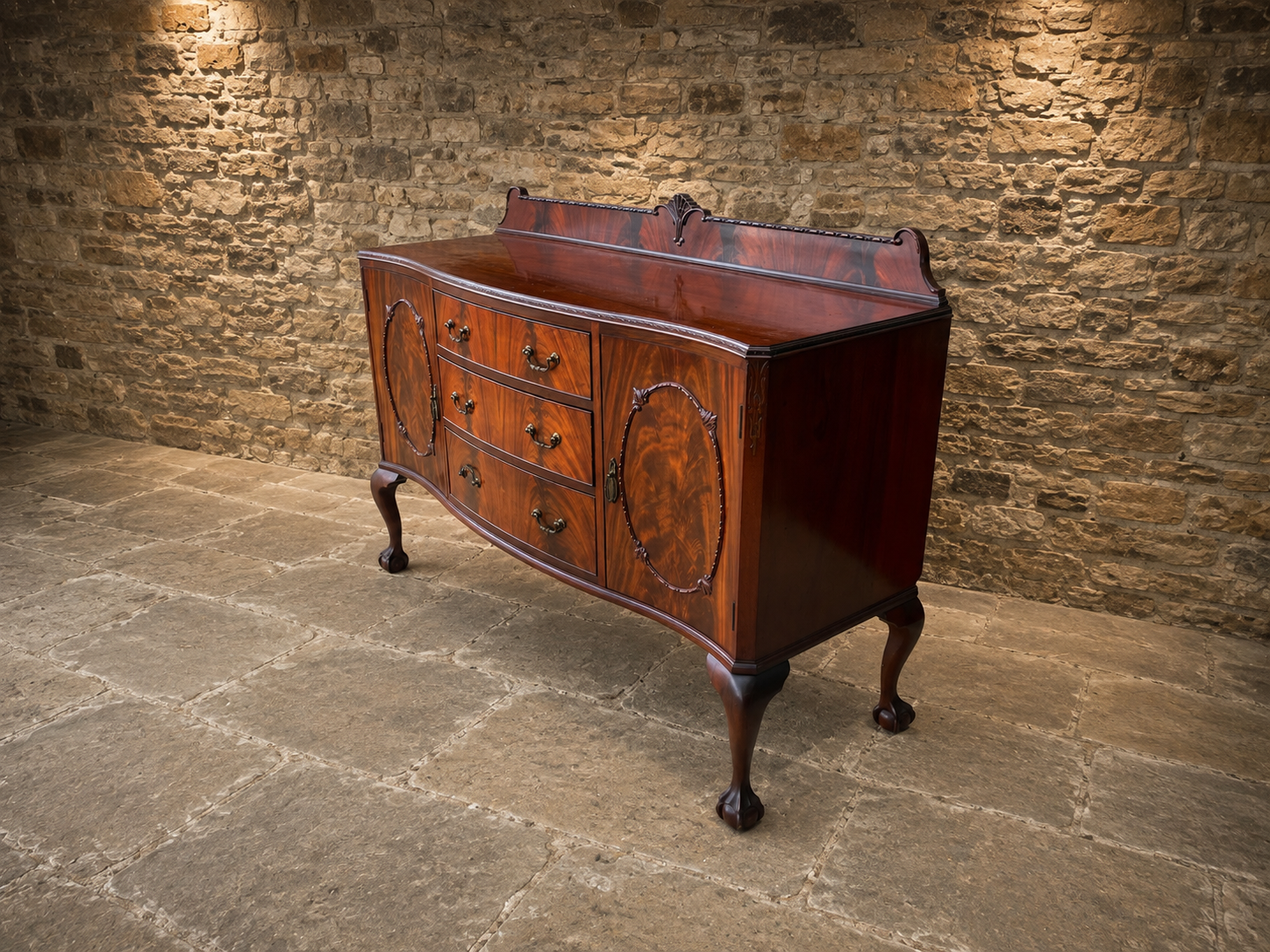Antique Mahogany Serpentine Sideboard with Figured Veneers – Early 20th Century