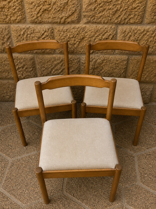 Mid Century Dining Chairs – Set of 3 Vintage Wooden Chairs with Upholstered Seats, 1960s Scandinavian Style