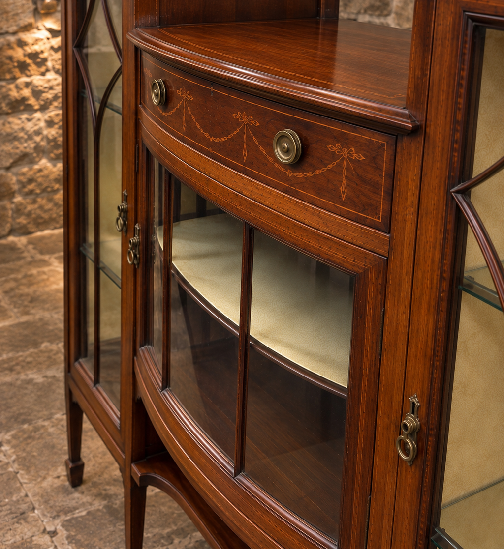 Antique Edwardian Mahogany Inlaid Display Cabinet – Bow Front Glazed China Cabinet