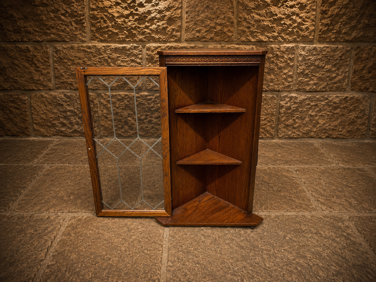Antique Oak Leaded Glass Corner Display Cabinet | Arts & Crafts Oak Cabinet | Jacobean Revival Corner Cupboard