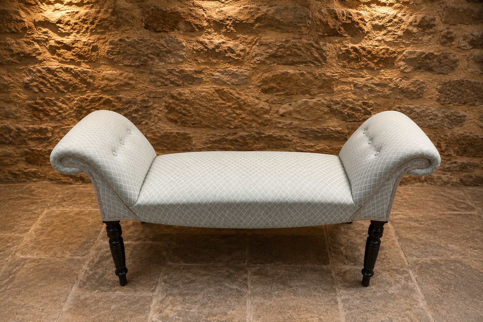 Antique Edwardian Upholstered Window Seat | Victorian Scroll End Bedroom Bench | Hall Bench | Ottoman Seat | Circa 1895–1915