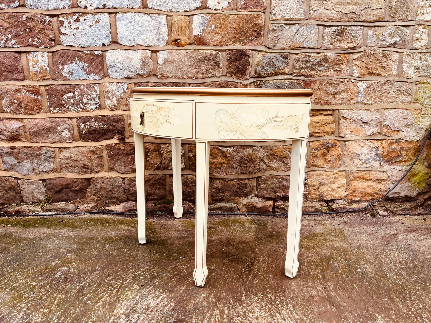 Chinese Lacquer Demi Lune Console Table – Hand Painted Cream Oriental Hall Table