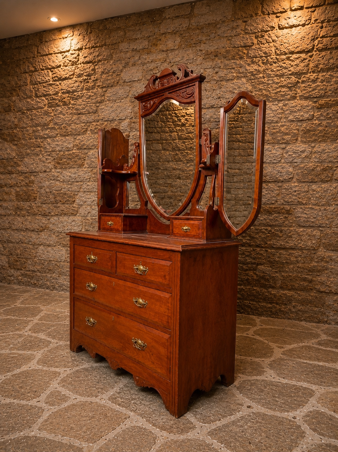 Antique Edwardian Mahogany Dressing Table with Original Triple Swing Mirrors | Art Nouveau Vanity Chest | Circa 1905