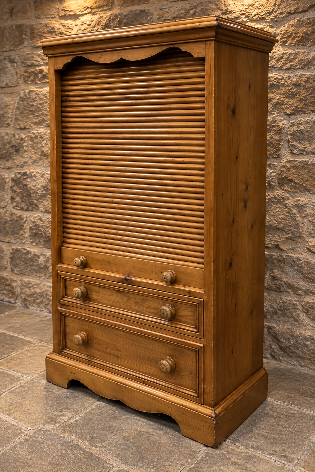 Antique Victorian Pine Tambour Linen Press c.1880 – Roll Front Storage Cabinet