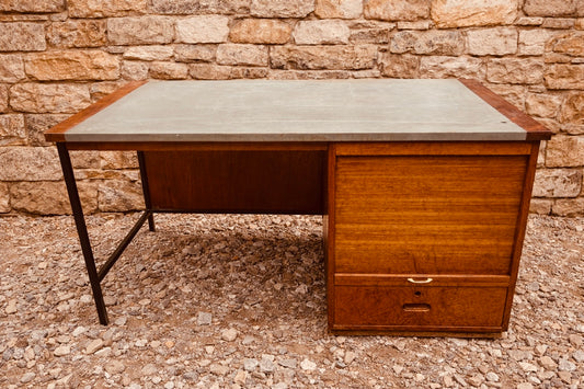 Mid Century Teak Desk with Tambour Storage – Industrial Vintage Workstation