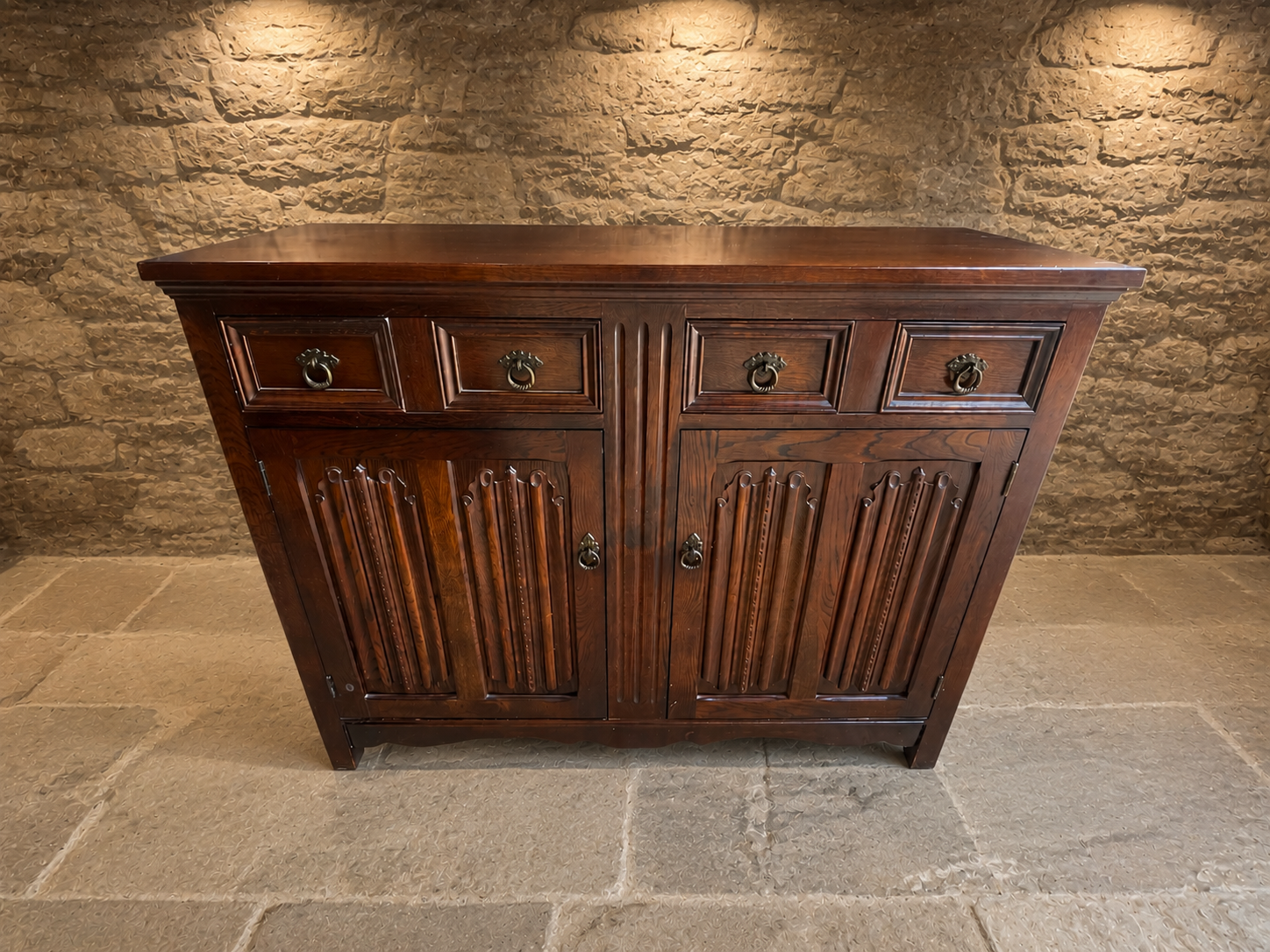 Solid Oak Gothic Revival Sideboard | Vintage English Oak Buffet Cabinet | Rustic Farmhouse Storage Cabinet | Tudor Style Sideboard
