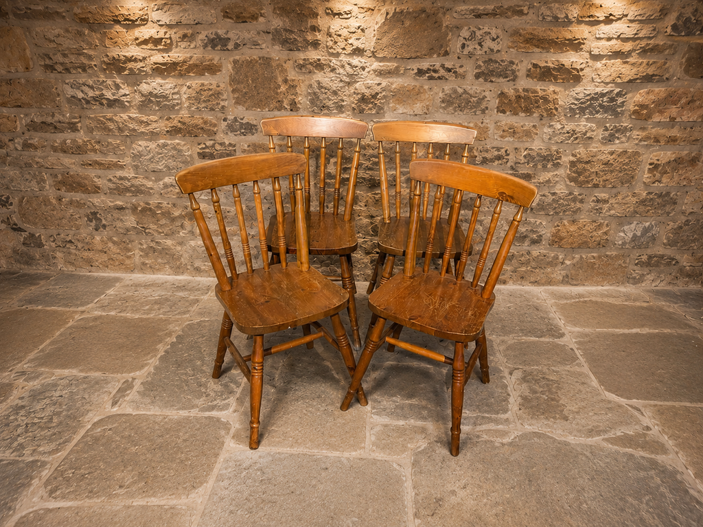 Vintage Set of 4 Windsor Style Wooden Dining Chairs – Rustic Farmhouse Spindle Back Kitchen Chairs