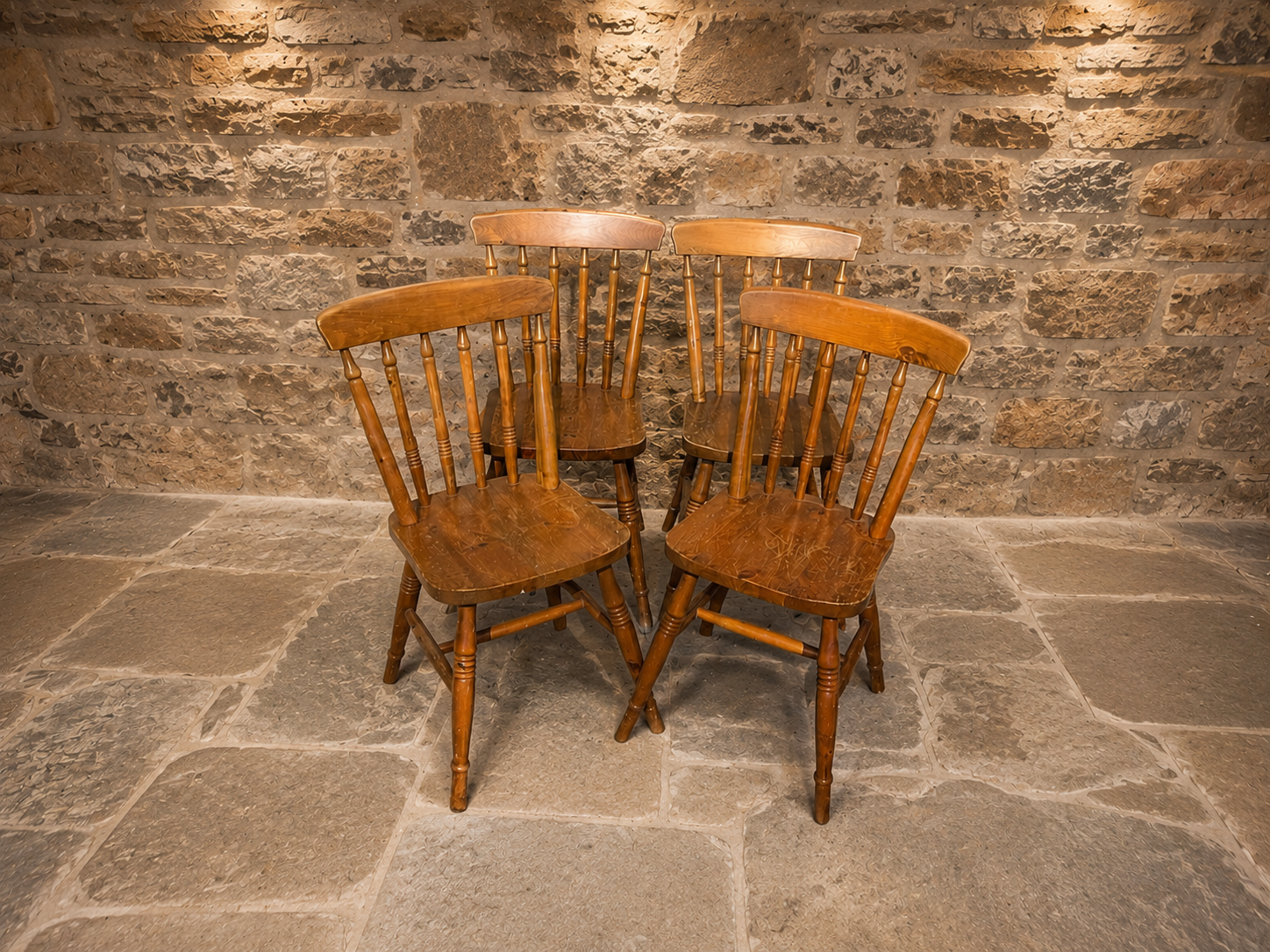 Vintage Set of 4 Windsor Style Wooden Dining Chairs – Rustic Farmhouse Spindle Back Kitchen Chairs