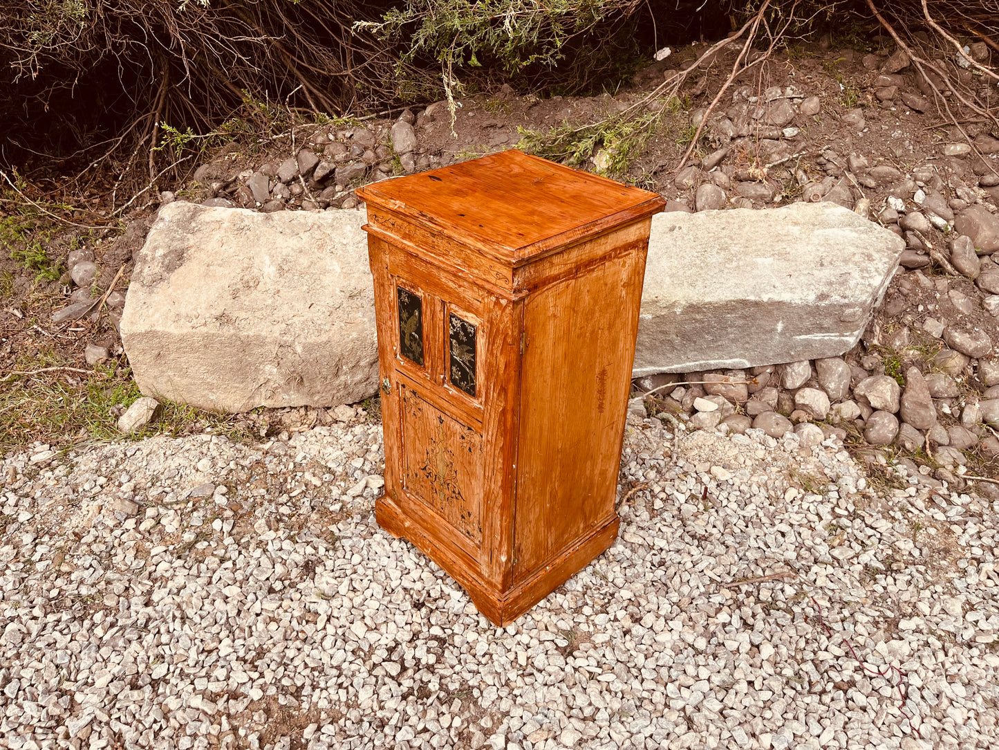Antique Victorian Inlaid Bedside Cabinet with Ebonised Bird Panels